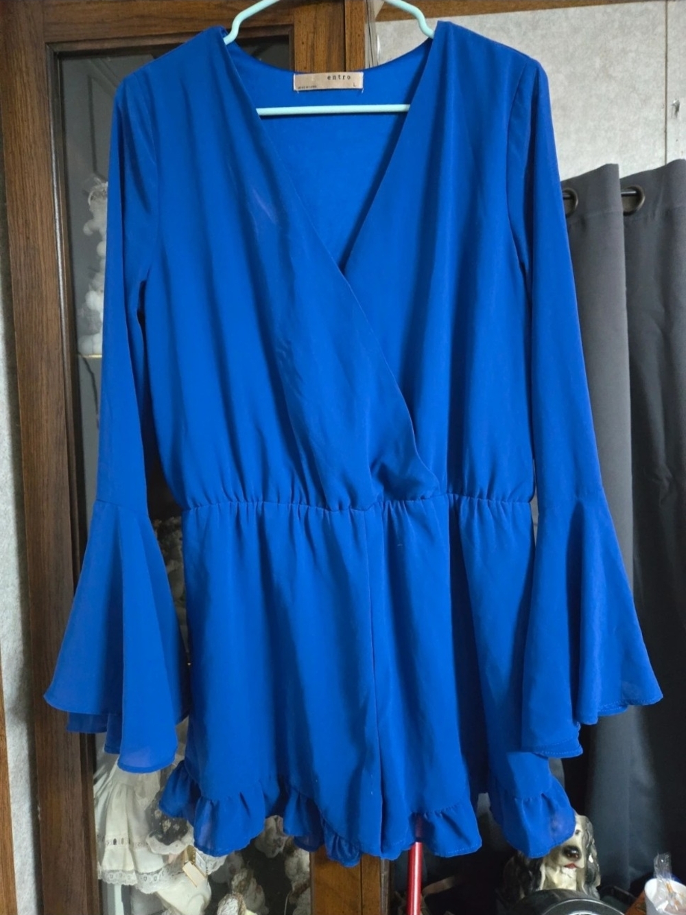 entro Cobalt Blue Surplice Tunic Romper with Ruffled Hem
